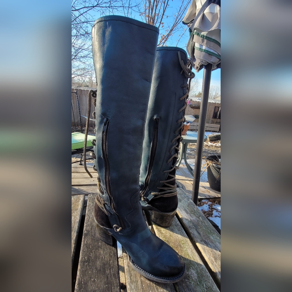 Freebird by Steven Blue Lace-Up Knee-High Boots with Side Zip - Picture 3 of 14
